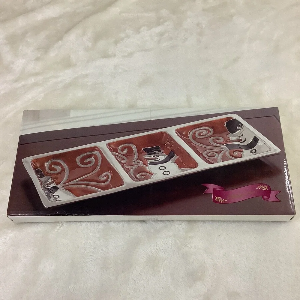 Vintage Belk 3 Section Snowman‎ Serving Dish Christmas